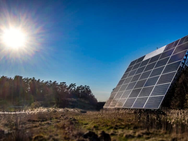 solceller i ett öppet landskap med solen synlig på himlen. Bilden används i en artikel om solenergi ...