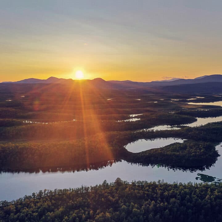 sjöar, funärsdalen, tobias sjö, solnedgång, sol, landskap, flygfoto,