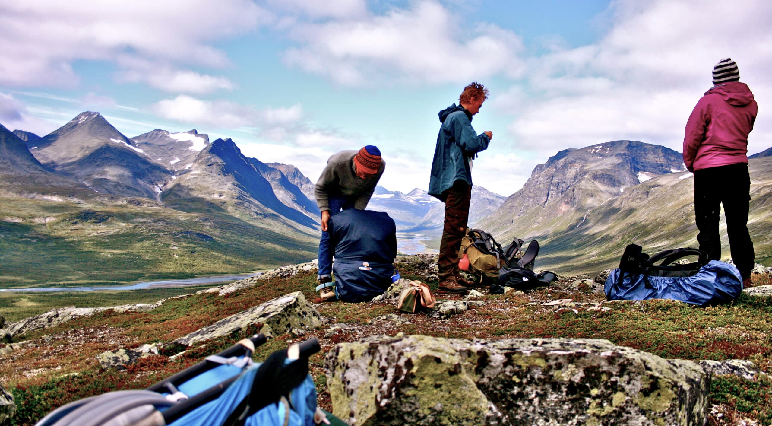 berg, natur, himmel, blå, moln, grön, flod, killar, ryggsäck, utsikt,