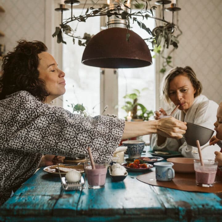 familj, matbord, äta, barn, frukost