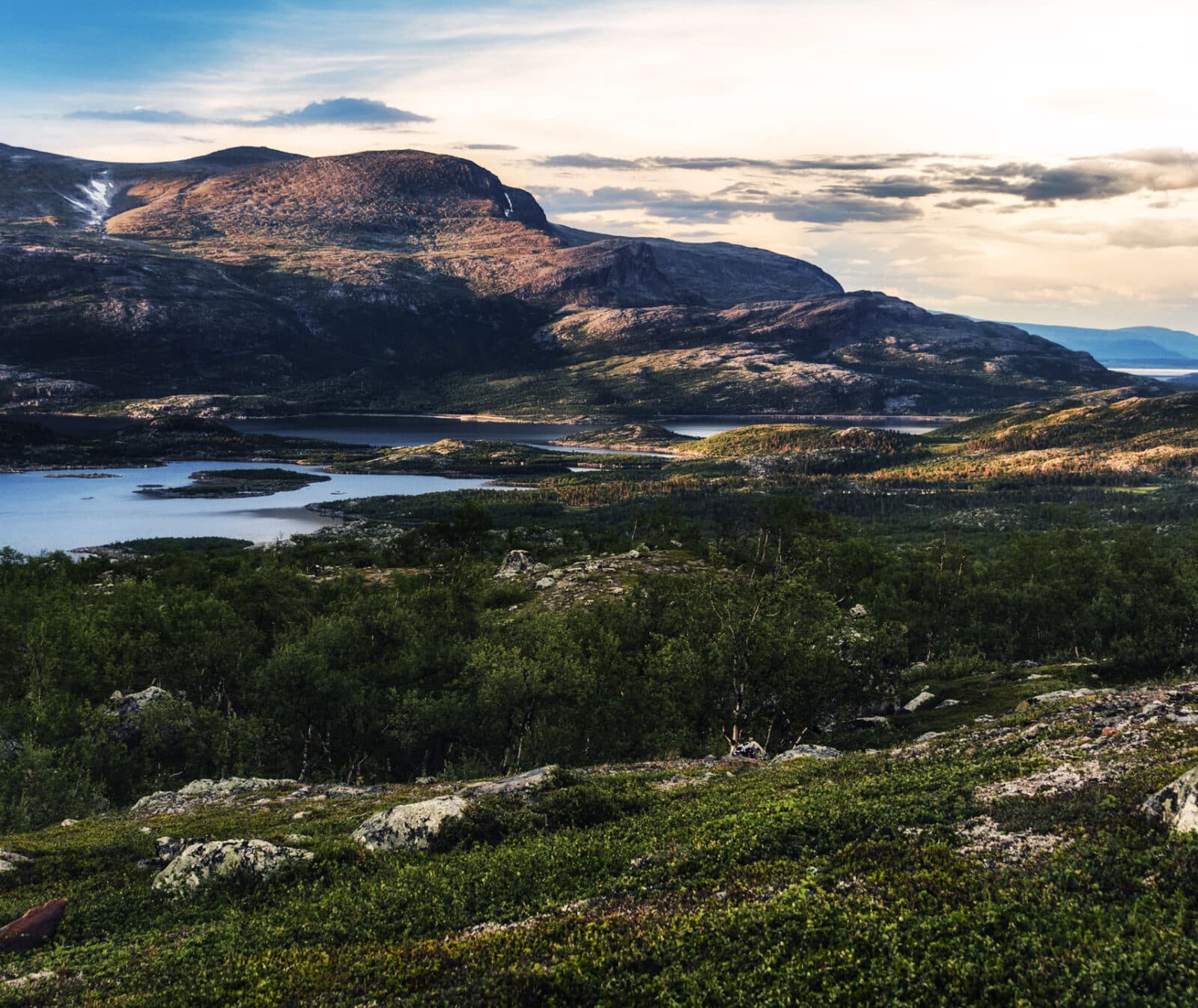 fjäll,berg,sjö,fjällsjö,himmel,skymning,träd,gräs