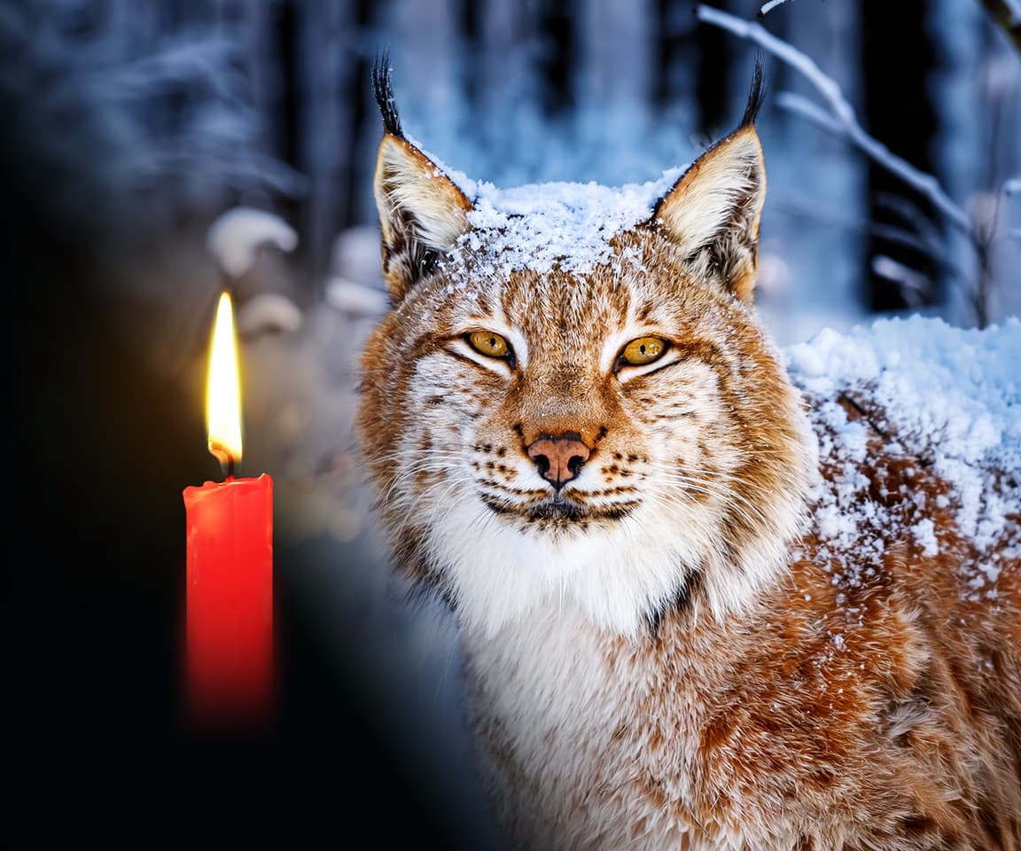 Bild på lodjur och ett juleljus