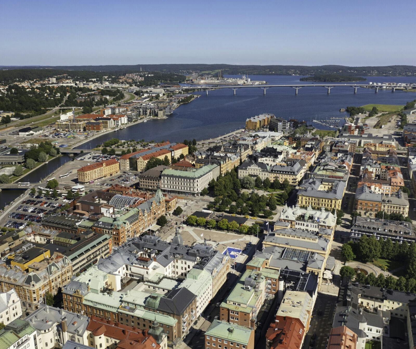 Aerial view of the city Sundsvall on the east coast of Sweden on a summer day.