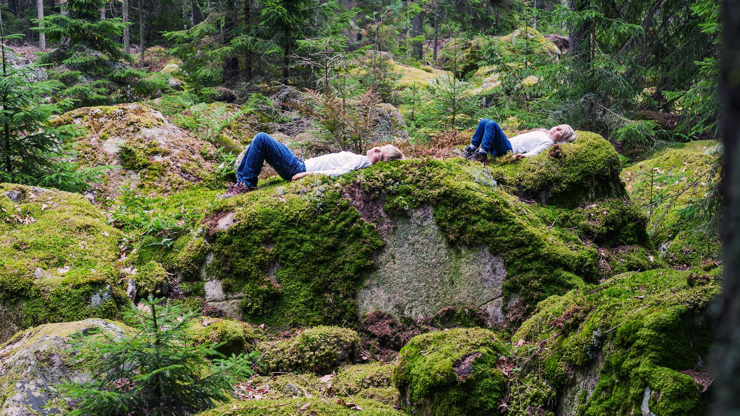 Två barn vilar på stora mossiga stenar i en skog.
