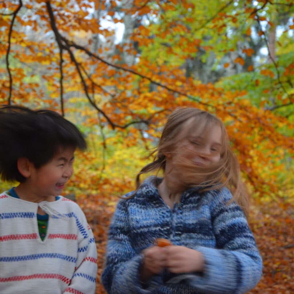 Bilden visar två barn som verkar ha roligt utomhus under hösten. De står framför en bakgrund av träd ...