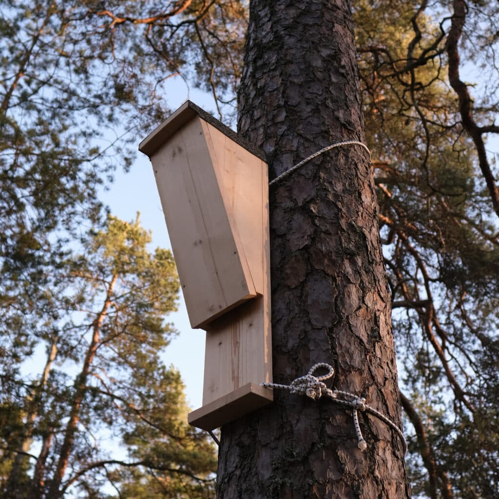 Bilden visar en fladdermusholk som är fastsatt på en trädstam med hjälp av ett rep. Trädet står i en ...