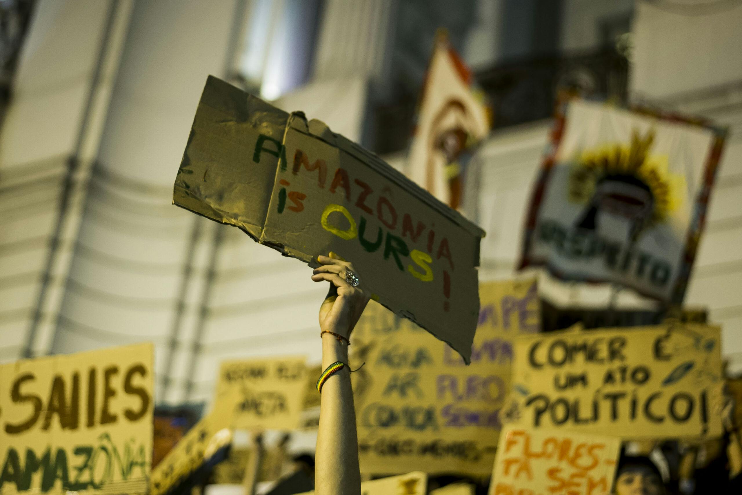Rio de Janeiro. Demonstranter samlas för att protestera mot avskogningen av Amazonas, 3 augusti 2019.