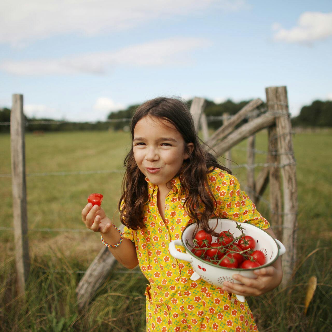 En flicka med ett fat jordgubbar.