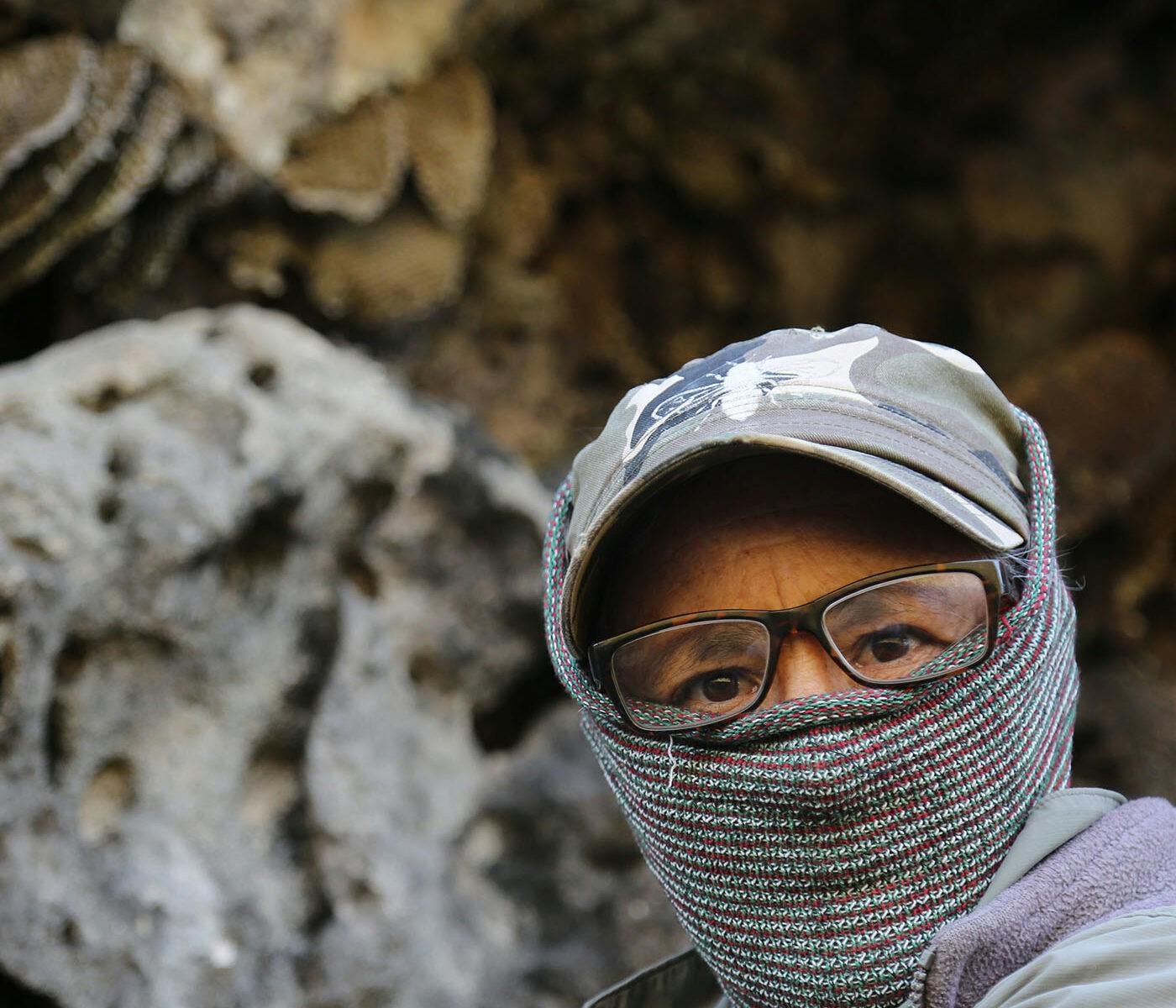Ujubee spårar vilda bin i Sydafrikas nationalpark. Jenny har en sjal runt ansiktet för att skydda sig mot bina. FOTO: TORBJÖRN SELANDER