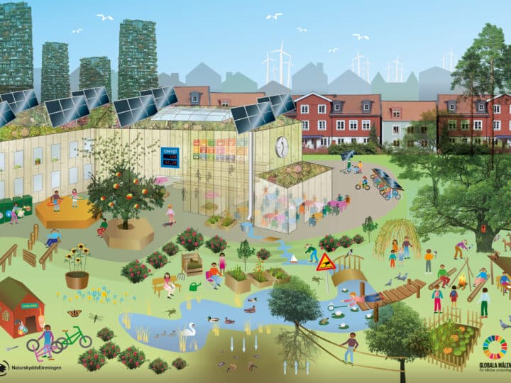 Illustration av en skolbyggnad och skolgård.