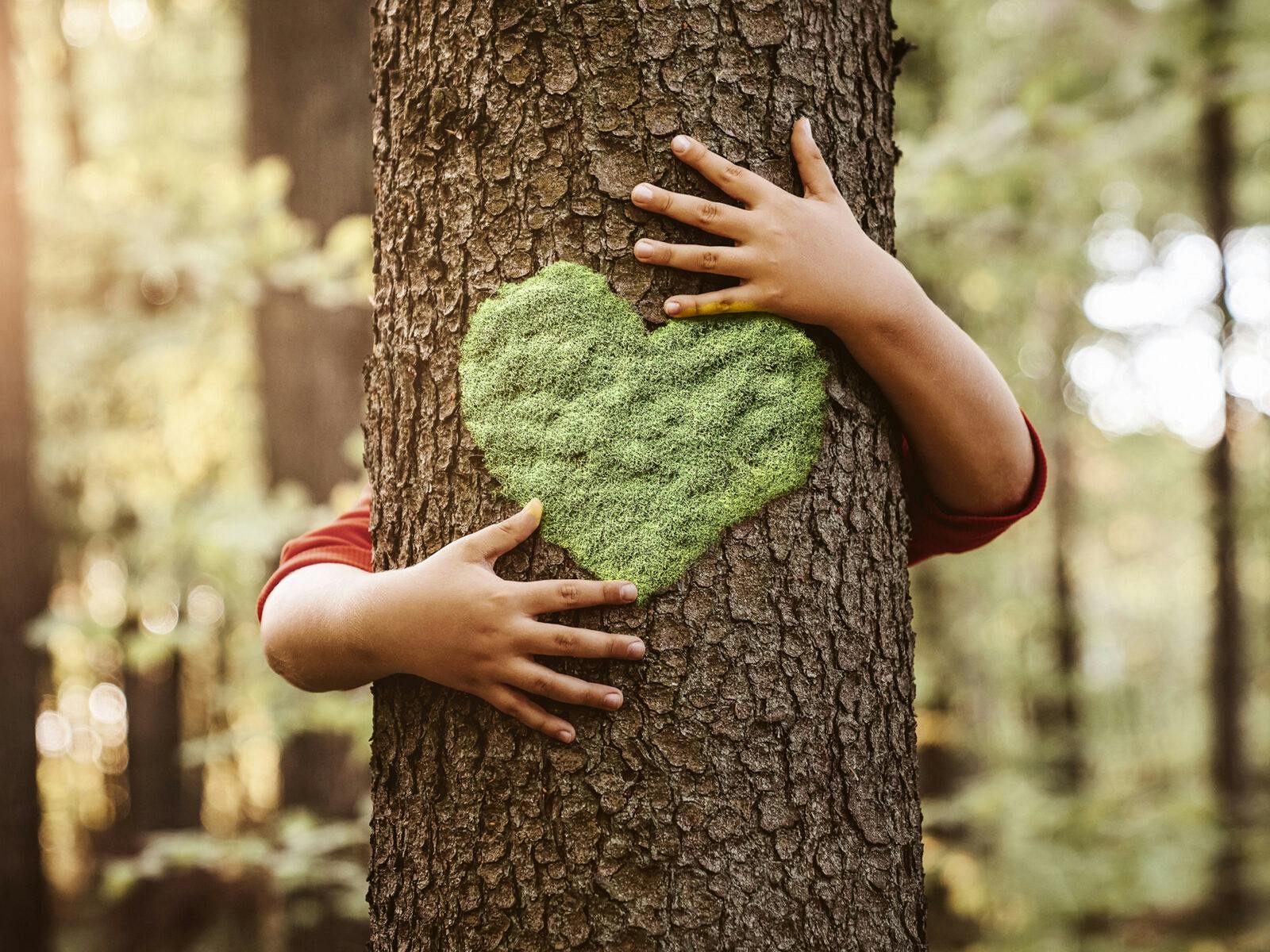Naturälskande barn kramar om ett träd med ett grönt hjärta på. Jag är Naturskyddare.