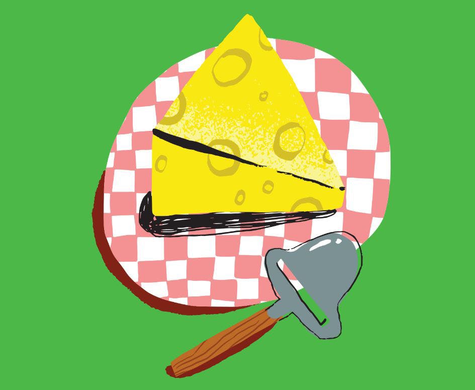 Illustration av en gul ost och osthyvel.